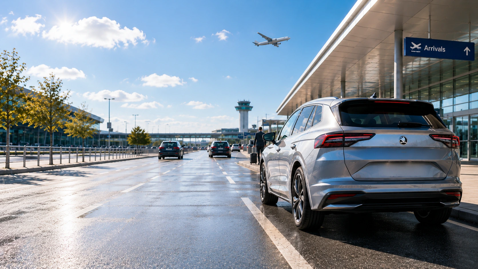 Silver car outside an airport arrivals terminal