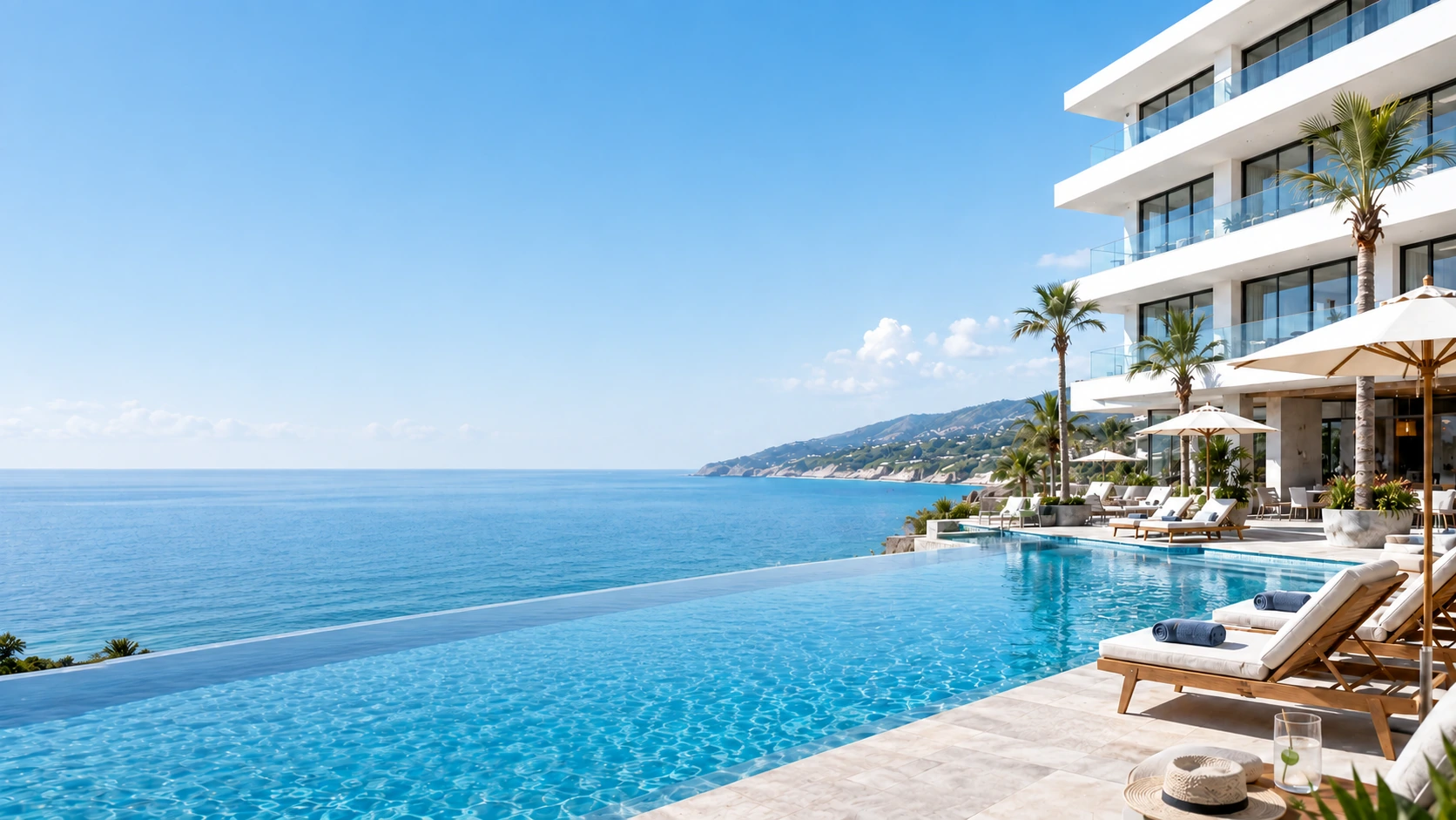 Bright beachfront hotel with an infinity pool overlooking the coast