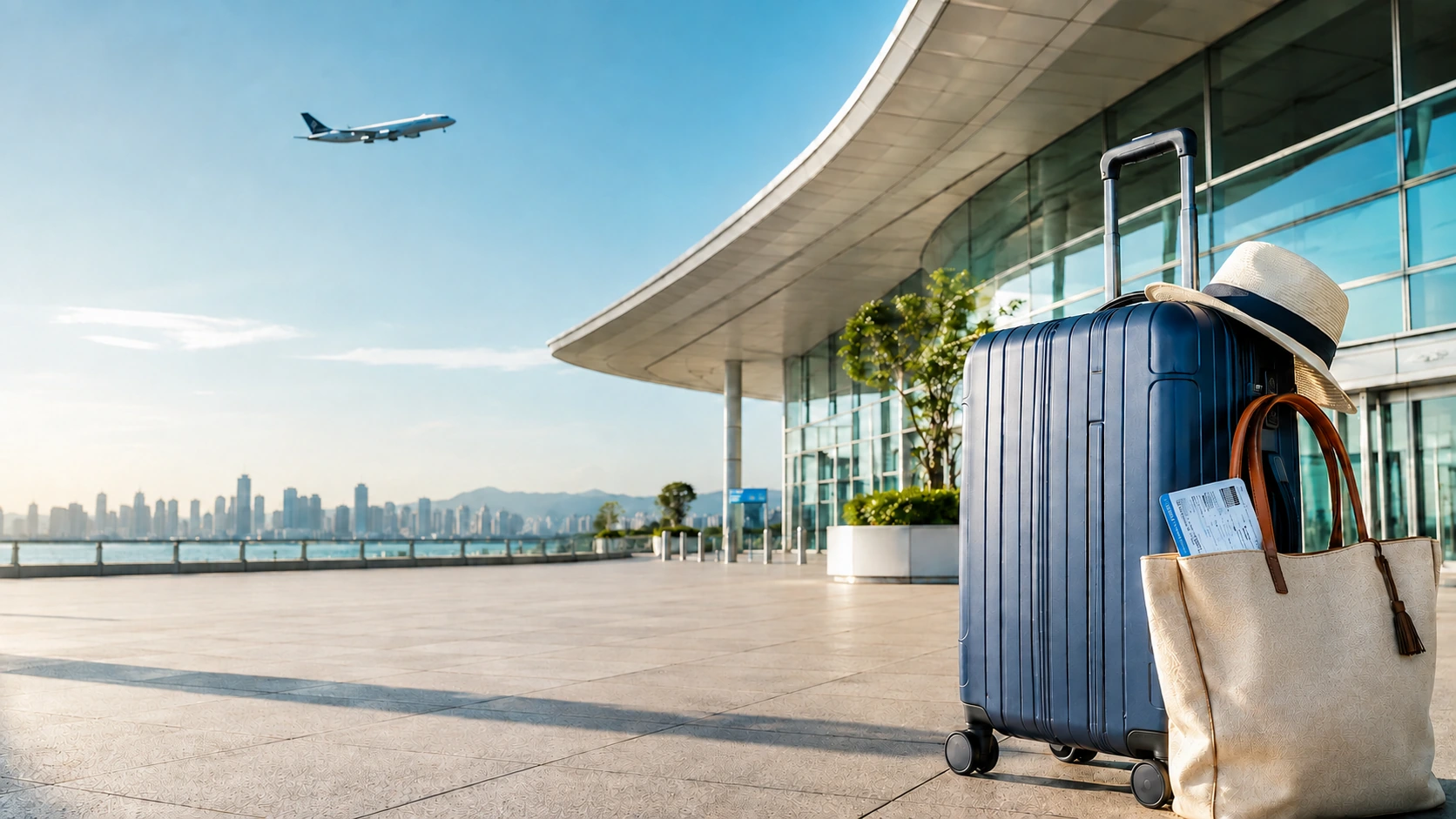 Blue suitcase and travel bag outside a modern airport terminal